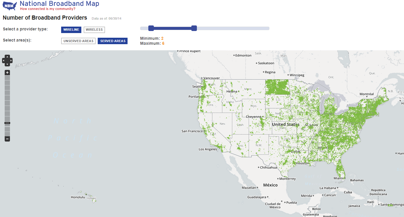 where to locate a data center national broadband map for US in 2014 showing 2 or more providers